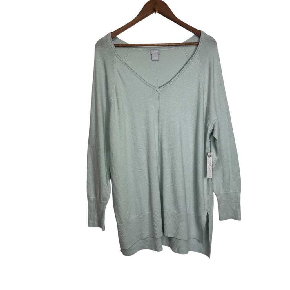 Chicos Zenergy Cotton Cashmere Cozy Dolman Tunic V-Neck Sweater Coastal Mist